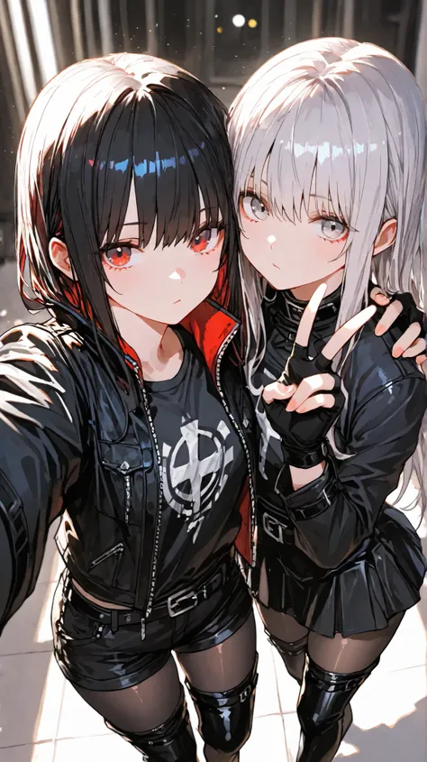 2girls,(BRAKE the first girl: bob hair, silver hair,silver eyes),(BRAKE the second girl: long hair,black hair,red eyes),(EyesHD:1.2), masterpiece, best quality, ultra-detailed, very aesthetic, sharp focus, depth of field, vibrant colors, ray tracing, best ...