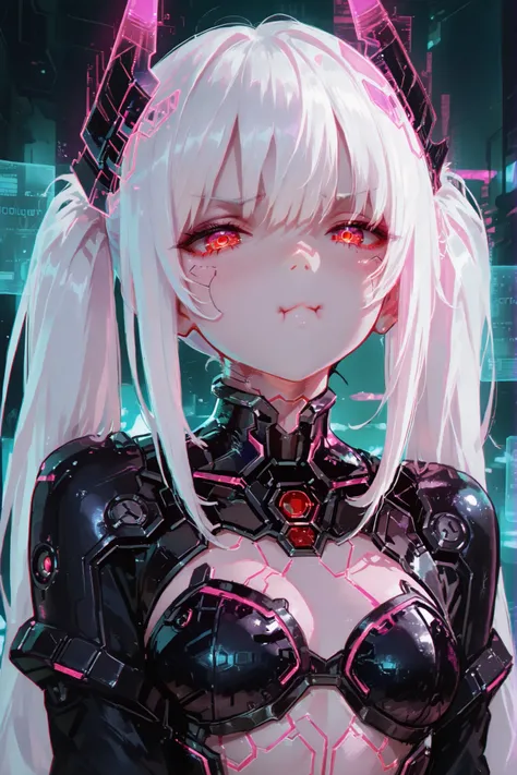 masterpiece, best quality, Detailed Eyes, girl, fantasy, twintail white hair, cute, red eye, tiny and black horn, naughty, cutie face, semi realistic, pink neon accessories, black cyber suit, solo charactor, cyberpunk background, hologram, looking at viewe...