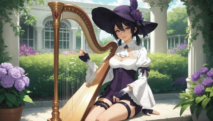 score_9, score_8_up, score_7_up, source_anime, anime_screencap, pedal harp, holding instrument, sitting, solo, nier2b, 1girl, purple eyes, detailed eyes, lips, smile, white ascot, wide sleeves, long sleeves, white shirt, feather hat, hat, purple hat, trico...