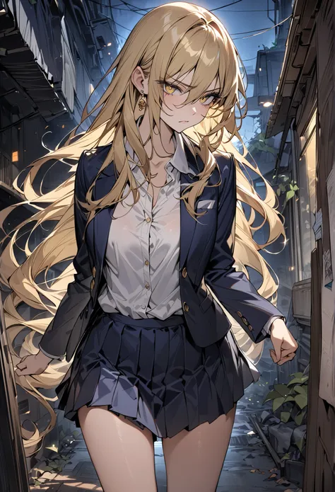 ((greatest masterpiece,super quality:1.2)),(super resolution),(solo),Cowboy Shots(front),Slender, slender high school girl walking in a slum at night,beautiful face,(blonde long hair),perfect golden eyes,serious expression,high quality navy blue blazer,HIG...