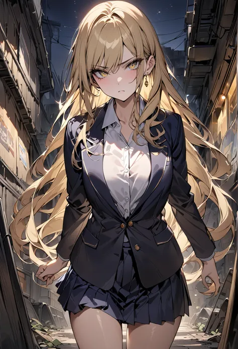 ((greatest masterpiece,super quality:1.2)),(super resolution),(solo),Cowboy Shots(front),Slender, slender high school girl walking in a slum at night,beautiful face,(blonde long hair),perfect golden eyes,staring at you,serious expression, high quality dark...