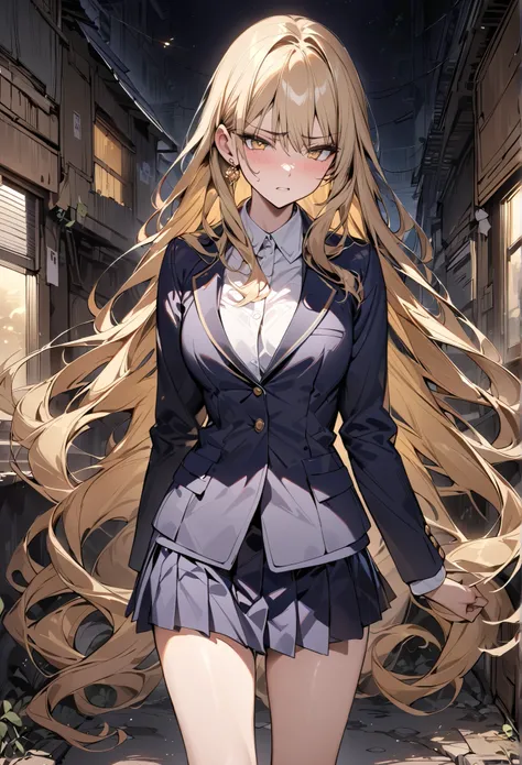 ((greatest masterpiece,super quality:1.2)),(super resolution),(solo),Cowboy Shots(front),Slender, slender high school girl walking in a slum at night,beautiful face,(blonde long hair),perfect golden eyes,irritated expression,high quality navy blue blazer,H...