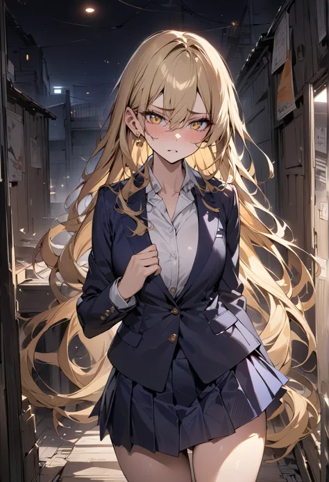 ((greatest masterpiece,super quality:1.2)),(super resolution),(solo),Cowboy Shots(front),Slender, slender high school girl walking in a slum at night,beautiful face,(blonde long hair),perfect golden eyes,irritated expression,high quality navy blue blazer,H...