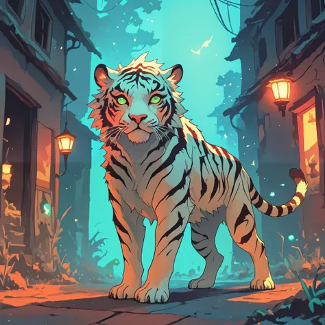 Spirit pet, The spirit of a white Bengal tiger with green eyes against a detailed background, illuminated deserted medieval street