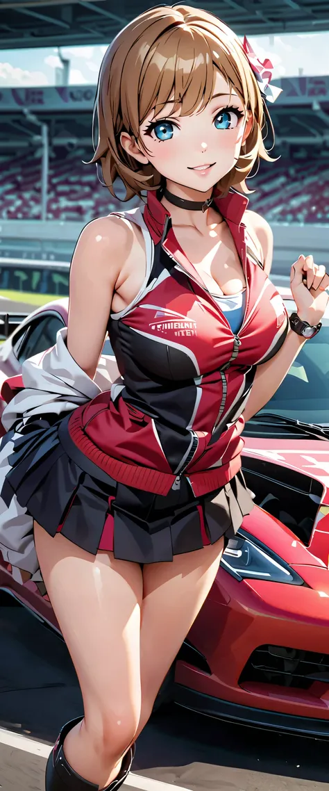 best quality, ultra high resolution,  One person,  smaller breasts, black choker, smile,  exposes shoulders,  focus only , viewers,Fair skin,Car racing track,photon mapping, Physically Based Rendering,  RAW photos , Highly Detailed Background, K-pop Idol ,...