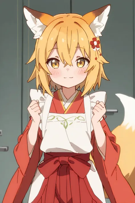 NSFW,masterpiece,best quality,high resolution,very detailed,Fairy Fox\(世話やきキツネのFairy Foxさん\),short hair,bungs、 Gold、hair ornament、 Beast Ears、hair between eyes、yellow eyes、flower、髪のflower、 Beast Earsの綿毛、fox ears、赤いflower、Fox Girl,long sleeve、Tuxedo、 kimono...