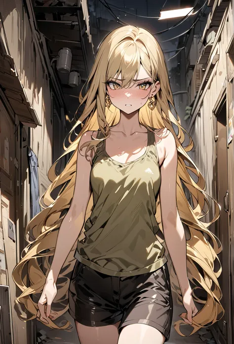 ((greatest masterpiece,super quality:1.2)),(super resolution),(solo),Cowboy Shots(front),Slender, slender high school girl walking in a slum at night,beautiful face,(blonde long hair),perfect golden eyes,irritated expression,high quality khaki tank top,hig...