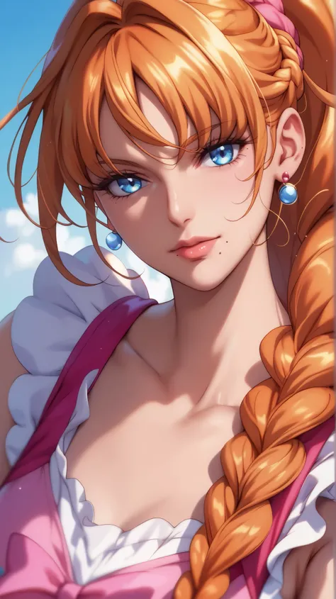 mira, orange hair, blue eyes, mole under mouth, long hair, ponytail, braid, 1woman, curemelody