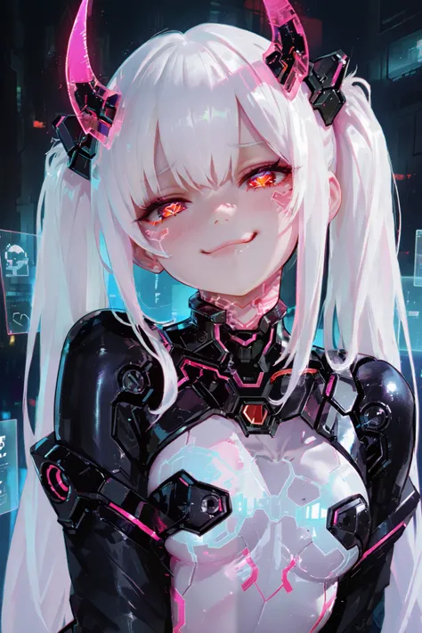 masterpiece, best quality, Detailed Eyes, girl, fantasy, twintail white hair, cute, red eye, tiny and black horn, naughty, cutie face, semi realistic, pink neon accessories, black cyber suit, smile, solo charactor, cyberpunk background, hologram, looking a...