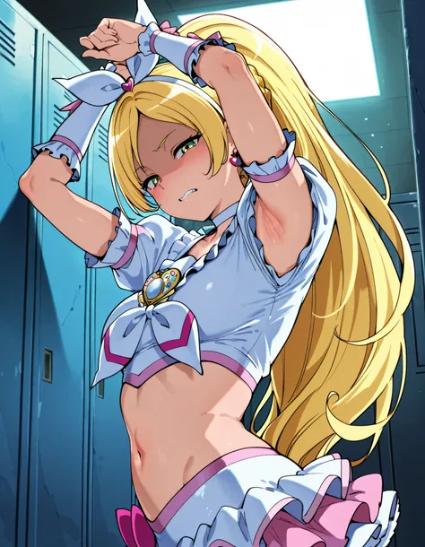anime coloring, cure rhythm,green eyes, wide ponytail, sleevelesss, brooch, heart earrings, ribbon, arm warmers, cleavage, navel, 


,BREAK, armpit, arm over head, left arm over head. focus on armpit,
shaded face, ,blush,  (narrowed eyes:1.2),\(troubled ey...