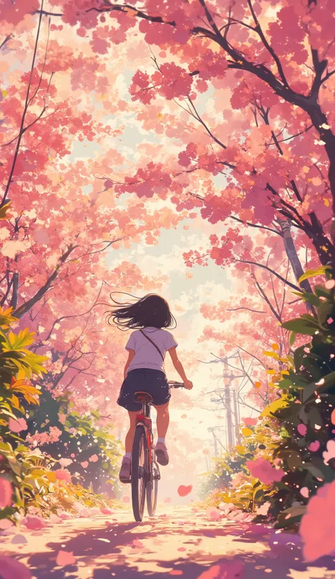An anime-style illustration of a girl running through a cherry blossom tunnel on a bicycle,An anime-style illustration of a girl running through a cherry blossom tunnel {x} A warm pink glow through the path drops,A gentle breeze blows and countless cherry ...