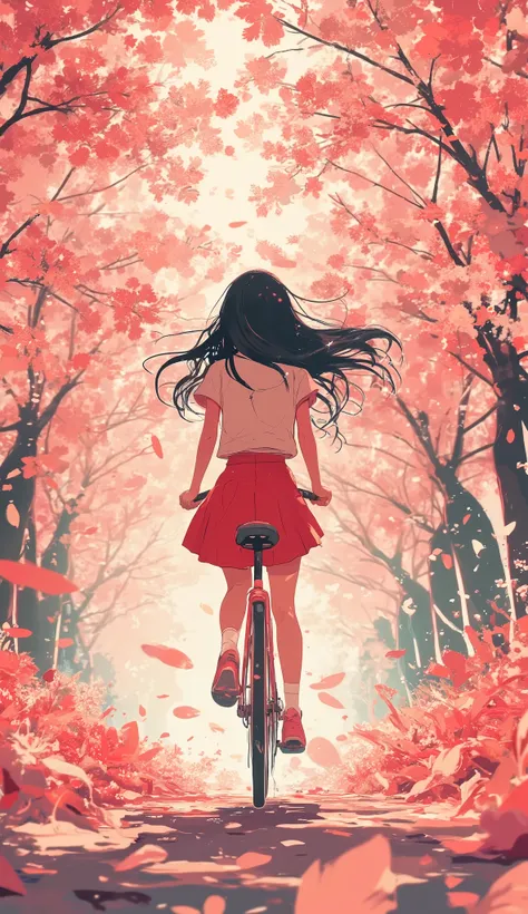 An anime-style illustration of a girl running through a cherry blossom tunnel on a bicycle,An anime-style illustration of a girl running through a cherry blossom tunnel {x} A warm pink glow through the path drops,A gentle breeze blows and countless cherry ...