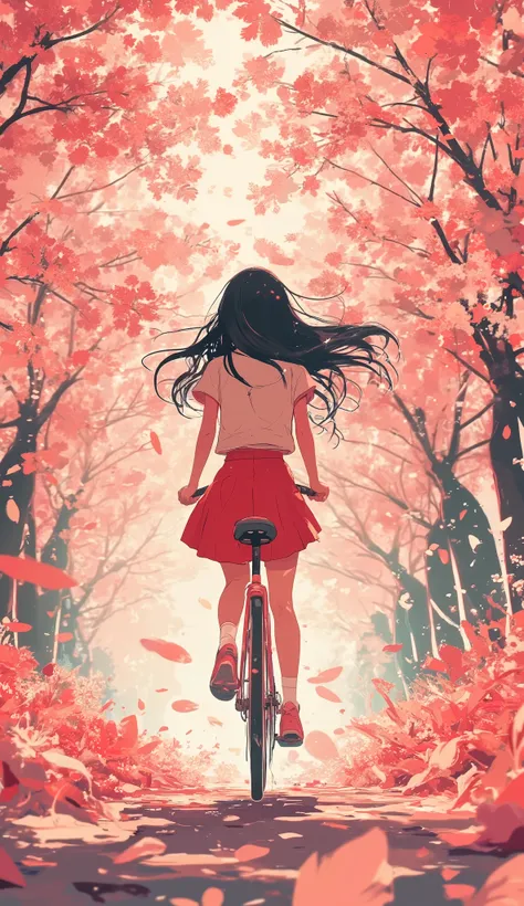 An anime-style illustration of a girl running through a cherry blossom tunnel on a bicycle,An anime-style illustration of a girl running through a cherry blossom tunnel {x} A warm pink glow through the path drops,A gentle breeze blows and countless cherry ...