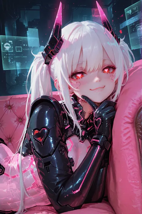 masterpiece, best quality, Detailed Eyes, girl, fantasy, twintail white hair, cute, red eye, tiny and black horn, naughty, cutie face, semi realistic, pink neon accessories, black cyber suit, solo charactor, cyberpunk background, hologram, looking at viewe...