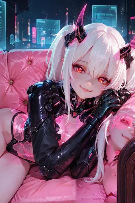 masterpiece, best quality, Detailed Eyes, girl, fantasy, twintail white hair, cute, red eye, tiny and black horn, naughty, cutie face, semi realistic, pink neon accessories, black cyber suit, solo charactor, cyberpunk background, hologram, looking at viewe...