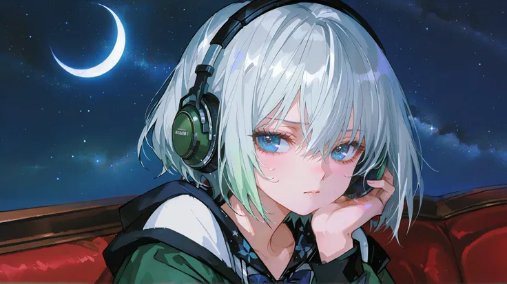 tsundere female main green couch painting only upper body female sad lonely face upward glance style lonely gwais wearing headphones artwork, beautiful anime, alone gwais, beautiful anime girl, beautiful anime girl, bright silver hair girl, blue iris eyes,...