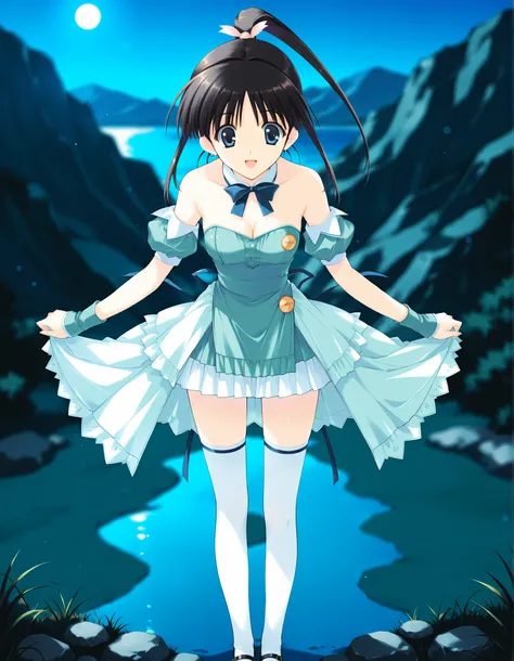 masterpiece,best quality,good quality, anime coloring,((sugiura_koharu)),sugiura_koharu\(white_album_2\),1girl,solo,black hair,ponytail,hair ribbon,blue eyes,open mouth,1girl,anime coloring,2000s (style), floral_mint\(pia_carrot_e_youkoso!!_3\),waitress co...