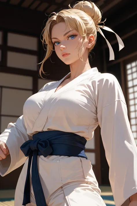 ( anime) Blonde woman , with very large breasts, blue eyes, Mane collected in a bun. Dressed as a karate
