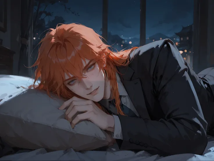 red hair, blue eyes, colored, masterpiece, best quality, very aesthetic, newest, absurdres, highres,
yuyuhuadiao,
1boy, solo, long hair, male focus, ginger hair, ginger eyelashes, parted lips, looking at viewer, messy bangs on the face, blue eyes, very hig...