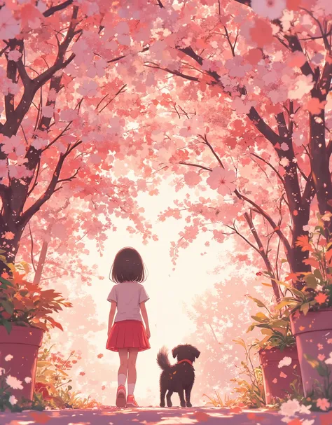 masterpiece,wallpaper,8k,16k,Super Detail,Anime-style illustration of a girl and dog walking through a cherry blossom tunnel,An anime-style illustration of a girl running through a cherry blossom tunnel {x} A warm pink glow through the path drops,A gentle ...