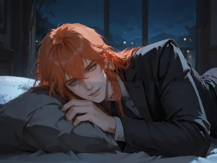 red hair, blue eyes, colored, masterpiece, best quality, very aesthetic, newest, absurdres, highres,
yuyuhuadiao,
1boy, solo, long hair, male focus, ginger hair, ginger eyelashes, parted lips, looking at viewer, messy bangs on the face, blue eyes, very hig...