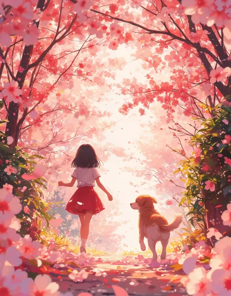 masterpiece,wallpaper,8k,16k,Super Detail,Anime-style illustration of a girl and dog running through a cherry blossom tunnel,An anime-style illustration of a girl running through a cherry blossom tunnel {x} A warm pink glow through the path drops,A gentle ...