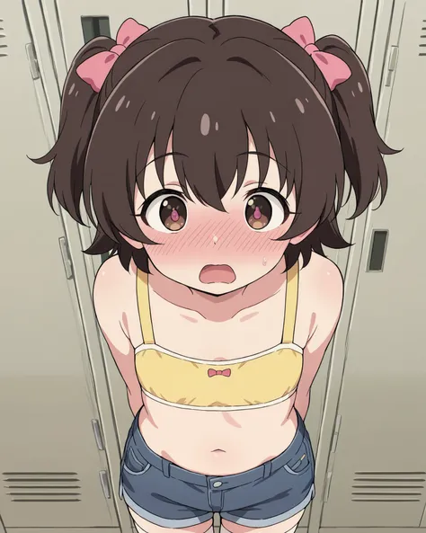 1girl,source_anime,akagi miria,upper body shot,blush,full face blush,shining eyes,pink ribbon,dark brown hair,short hair,hair bow,hair ribbon,white thighhighs,masterpiece, best quality, absurdres,toddler body,blush,jeans shorts,at the school ,no decoration...