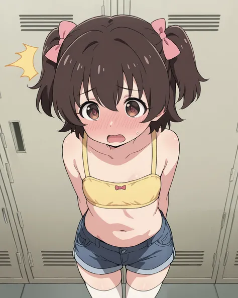 1girl,source_anime,akagi miria,upper body shot,blush,full face blush,shining eyes,pink ribbon,dark brown hair,short hair,hair bow,hair ribbon,white thighhighs,masterpiece, best quality, absurdres,toddler body,blush,jeans shorts,at the school ,no decoration...