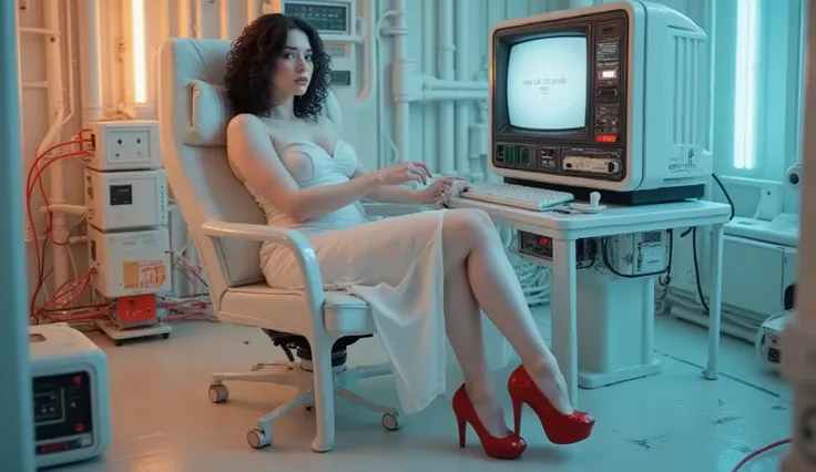 far elevated shot of (1woman), (top view), (wide frame shot), full body pose, an albino woman, an European-Japanese mix woman, (pale white skin), (((albino))), (medium firm breast), (thick thighs), (black curly hair), sitting on a retro sci-fi chair, worki...