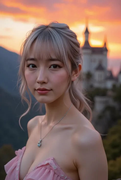 outdoor, sunset, dusk, , castle, red_sky, sunlight, sunrise, backlit, clouds, cloudy_sky, mountainous_horizon, orange_sky, attention, (close-up), pink dress, shirt with white collar, jewelry, collarbone, earrings, Sliver_hair, aqua_eyes, short hair, blue e...