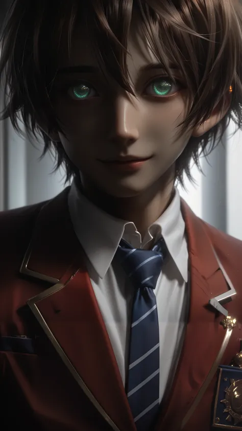 masterpiece(red blazer:1.5), 1boy, RosyBrown hair, short hair, school uniform, jacket, necktie, blue necktie, shirt, white shirt, collared shirt, luminous eyes, glowing eyes, Soft gaze, holds out his hand, in the school corridor, friendly, Dark green eyes,...