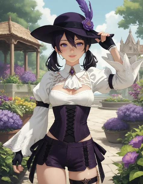 score_9, score_8_up, score_7_up, source_anime, anime_screencap, solo, nier2b, 1girl, purple eyes, detailed eyes, lips, smile, white ascot, wide sleeves, long sleeves, white shirt, tricorne, purple tricorne, purple hat, hat, hat_feather, low twintails, medi...