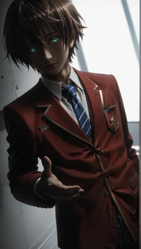 masterpiece(red blazer:1.5), 1boy, RosyBrown hair, short hair, school uniform, jacket, necktie, blue necktie, shirt, white shirt, collared shirt, luminous eyes, glowing eyes, Soft gaze, holds out his hand, in the school corridor, friendly, Dark green eyes,...