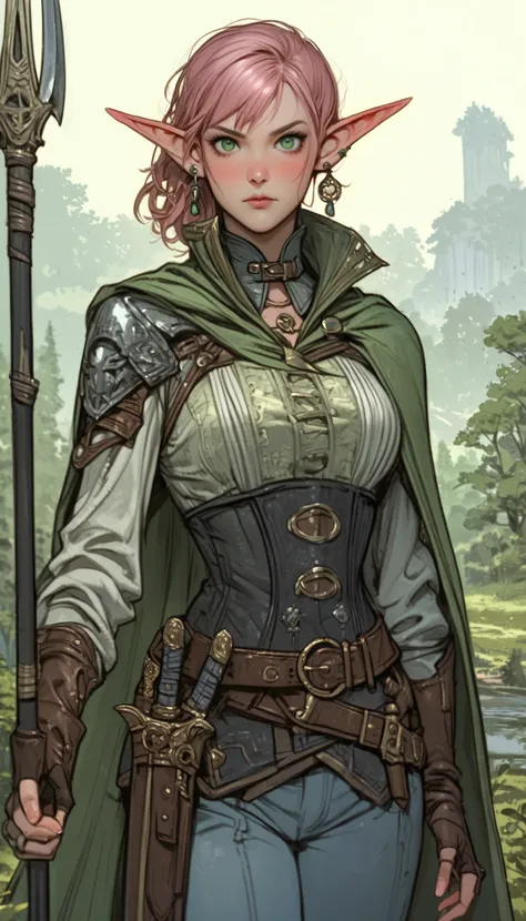 u1u1_v1,Vintage_v1, 1girl, weapon, pointy ears, solo, pink hair, gloves, polearm, outdoors, cape, looking at viewer, holding, green eyes, fingerless gloves, jewelry, holding weapon, tree, earrings, brown gloves, spear, belt, holding polearm, knife, blush, ...