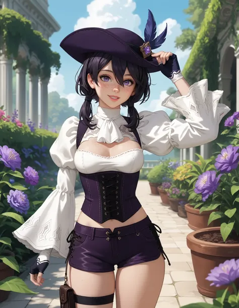 score_9, score_8_up, score_7_up, source_anime, anime_screencap, solo, nier2b, 1girl, purple eyes, big eyes, lips, smile, low twintails, medium hair, hair between eyes, white ascot, wide sleeves, long sleeves, white shirt, tricorne, purple tricorne, purple ...