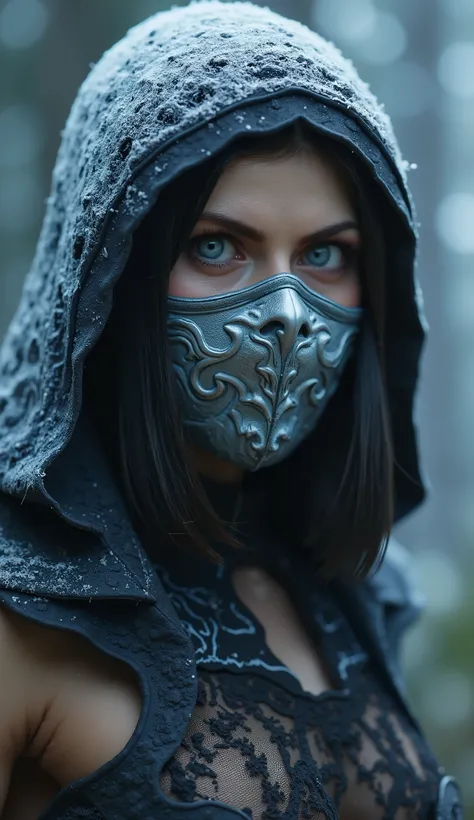 Hyper-realistic photographic style. as frost woman mortal kombat. Close-up do rosto. Extremely realistic branca mask and silver metalico details mask closed in the mouth. flawless skin texture. Bottom: dense forest, Greg Rutkowski style . dramatic lighting...