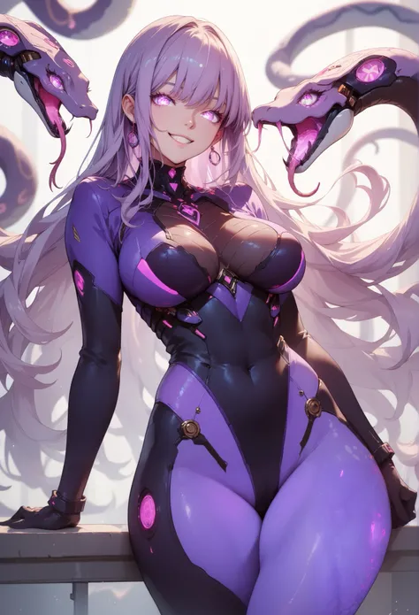 Sci-fi style girl. Mechanical bodysuit. Purple image color. Long hair. Straight hair. Even bangs. Smiling. Glowing eyes. Multiple snakes growing from body. Mechanical snake. Thighs. Thick legs. Breasts perky.
