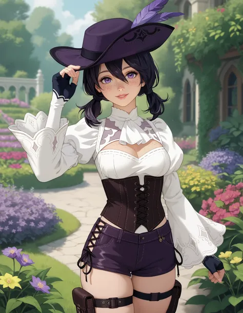 score_9, score_8_up, score_7_up, source_anime, anime_screencap, solo, nier2b, 1girl, purple eyes, big eyes, ish, lips, smile, low twintails, medium hair, hair between eyes, white ascot, wide sleeves, long sleeves, white shirt, tricorne, purple tricorne, pu...