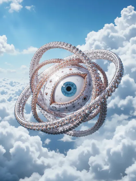 Ophanim has 4 wheels and one large eye in the middle and is floating in the sky, anime style