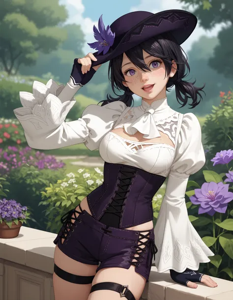 score_9, score_8_up, score_7_up, source_anime, anime_screencap, solo, nier2b, 1girl, purple eyes, big eyes, ish, open mouth, lips, smile, low twintails, medium hair, hair between eyes, white ascot, wide sleeves, long sleeves, white shirt, tricorne, purple ...