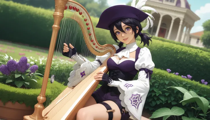 score_9, score_8_up, score_7_up, source_anime, anime_screencap, pedal harp, holding instrument, sitting, solo, nier2b, 1girl, purple eyes, big eyes, like, lips, smile, low twintails, medium hair, hair between eyes, white ascot, wide sleeves, long sleeves, ...