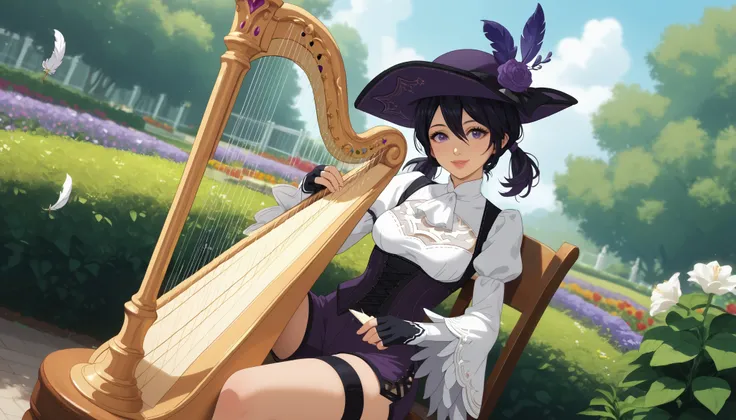 score_9, score_8_up, score_7_up, source_anime, anime_screencap, pedal harp, holding instrument, sitting, solo, nier2b, 1girl, purple eyes, big eyes, ish, lips, smile, low twintails, medium hair, hair between eyes, white ascot, wide sleeves, long sleeves, w...