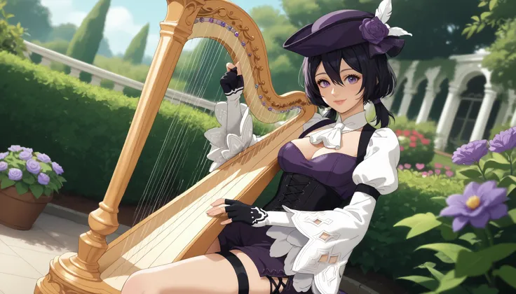score_9, score_8_up, score_7_up, source_anime, anime_screencap, pedal harp, holding instrument, sitting, solo, nier2b, 1girl, purple eyes, big eyes, ish, lips, smile, low twintails, medium hair, hair between eyes, white ascot, wide sleeves, long sleeves, w...
