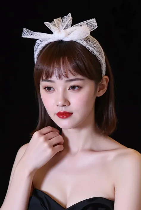 Young woman, fair complexion, straight medium-length brown hair with bangs, delicate petite frame, slight hourglass figure.Outfit: black strapless top, revealing shoulders and part of chest, modest breast size. Makeup: minimal yet elegant, focusing on natu...