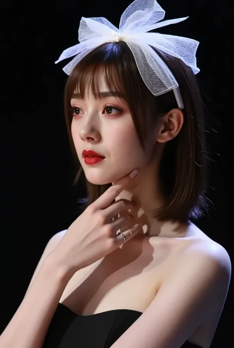 Young woman, fair complexion, straight medium-length brown hair with bangs, delicate petite frame, slight hourglass figure.Outfit: black strapless top, revealing shoulders and part of chest, modest breast size. Makeup: minimal yet elegant, focusing on natu...