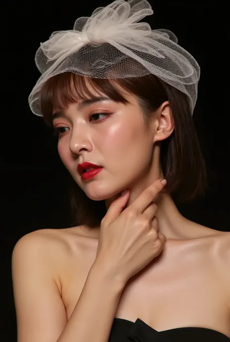 Young woman, fair complexion, straight medium-length brown hair with bangs, delicate petite frame, slight hourglass figure.Outfit: black strapless top, revealing shoulders and part of chest, modest breast size. Makeup: minimal yet elegant, focusing on natu...
