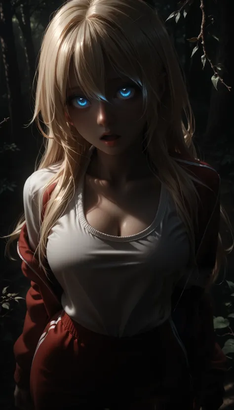 from above, day, long hair, blonde hair, hair between eyes, blue eyes, glowing eyes, big chest, eyes wide open, curious, sweet curiosity, an expression of sweet stupidity, standing in the woods, flora, white T-shirt, out of breath, UHD, textured skin, high...