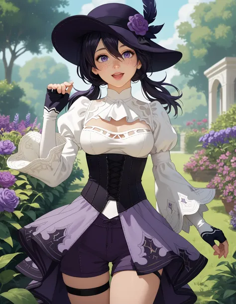score_9, score_8_up, score_7_up, source_anime, anime_screencap, solo, nier2b, 1girl, purple eyes, big eyes, ish, open mouth, lips, smile, low twintails, medium hair, hair between eyes, white ascot, wide sleeves, long sleeves, white shirt, tricorne, purple ...