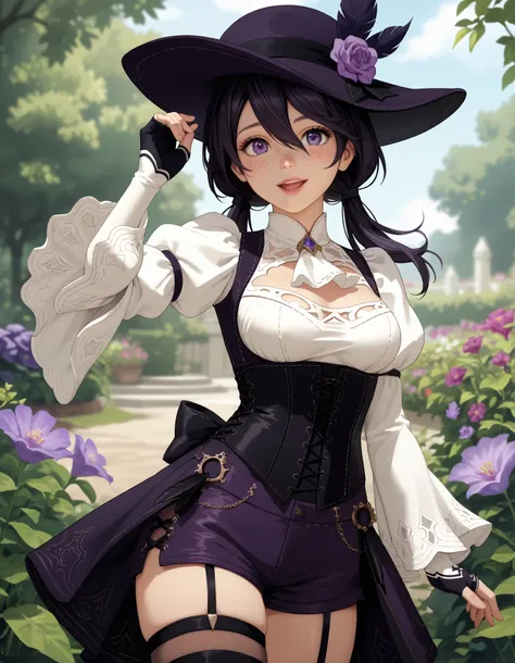 score_9, score_8_up, score_7_up, source_anime, anime_screencap, solo, nier2b, 1girl, purple eyes, big eyes, ish, open mouth, lips, smile, low twintails, medium hair, hair between eyes, white ascot, wide sleeves, long sleeves, white shirt, tricorne, purple ...