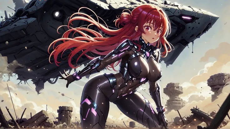 A stunningly beautiful female protagonist with a sleek, cybernetic bodysuit that accentuates her curves, glowing with neon purple streaks. Her long, flowing red hair contrasts against the dark, ruined world around her. She stands with her back to the view...